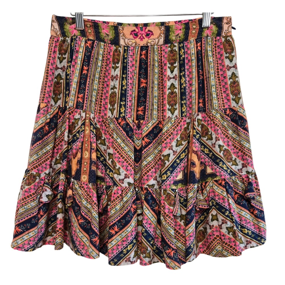 Vineet Bahl Boho Tiered Mini Skirt Multi Color Geometric‎ Print Tassels Size M